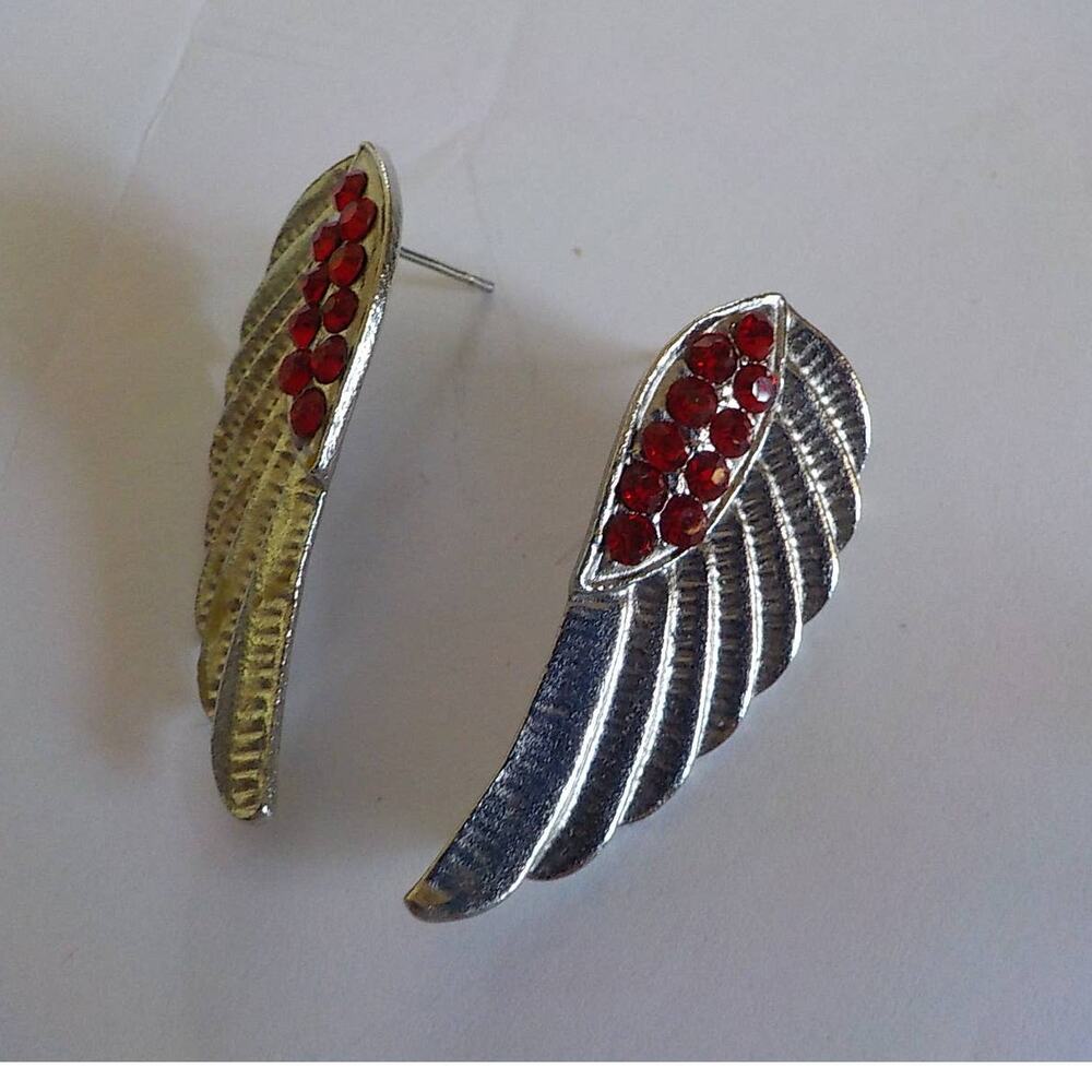 Vintage Wing Earrings Silver Metal and Red Crystals Post Back Style 1.5" Fashion